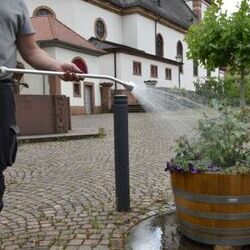 <b>Hand-Gießlanze</b><br>Gießlanze mit Messing Brausekopf für einen weichen Strahl beim Bewässern, mit Halterung am Fahrgestell